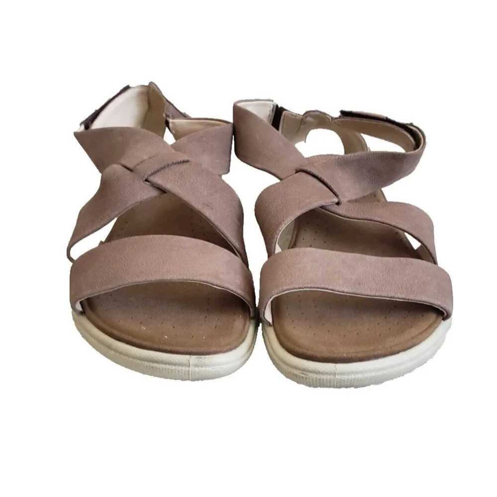 ECCO Sandals Womens Sz 8.5 Damara Casual Cross Strap Slip On Flats Brown Leather